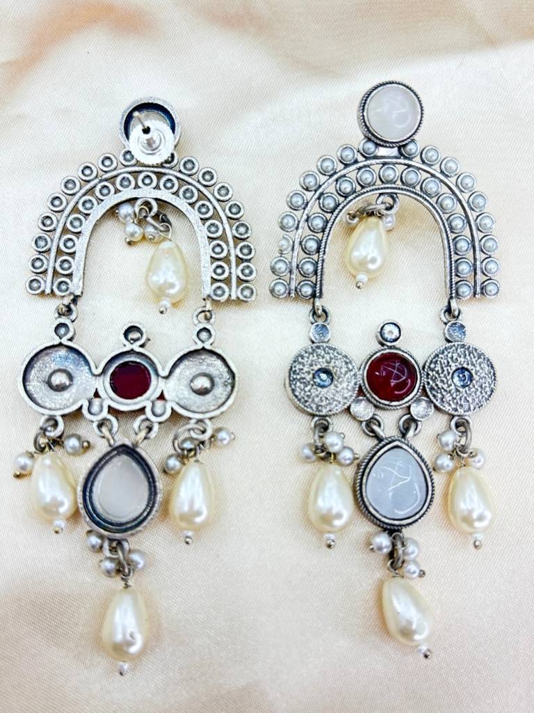Silver Plated Oxidised Stone & Pearl Embellished Statement Chandbali Earrings : VI26EROX100338