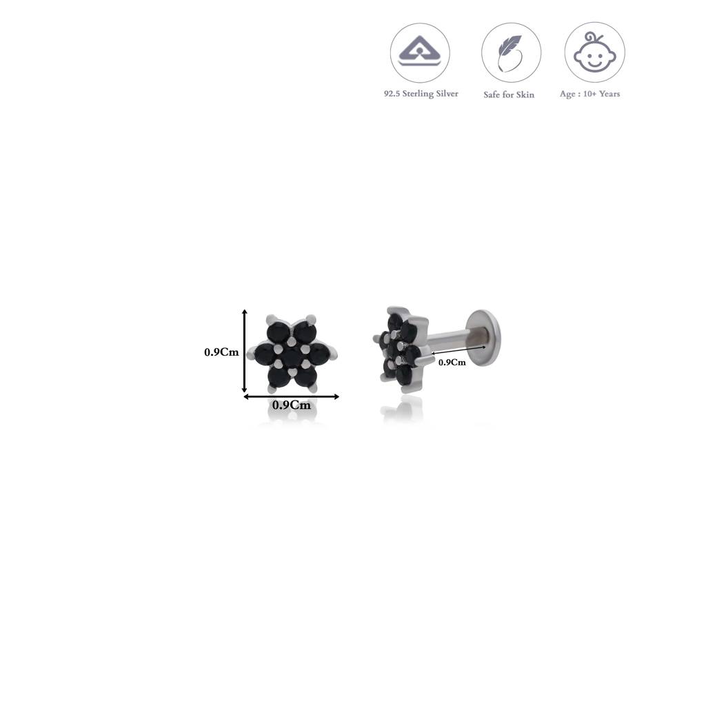 Black Floral Crystal 925 Silver Stud For Kids & Teen(10+ Yrs) : KE-KS-RH-A-218-P