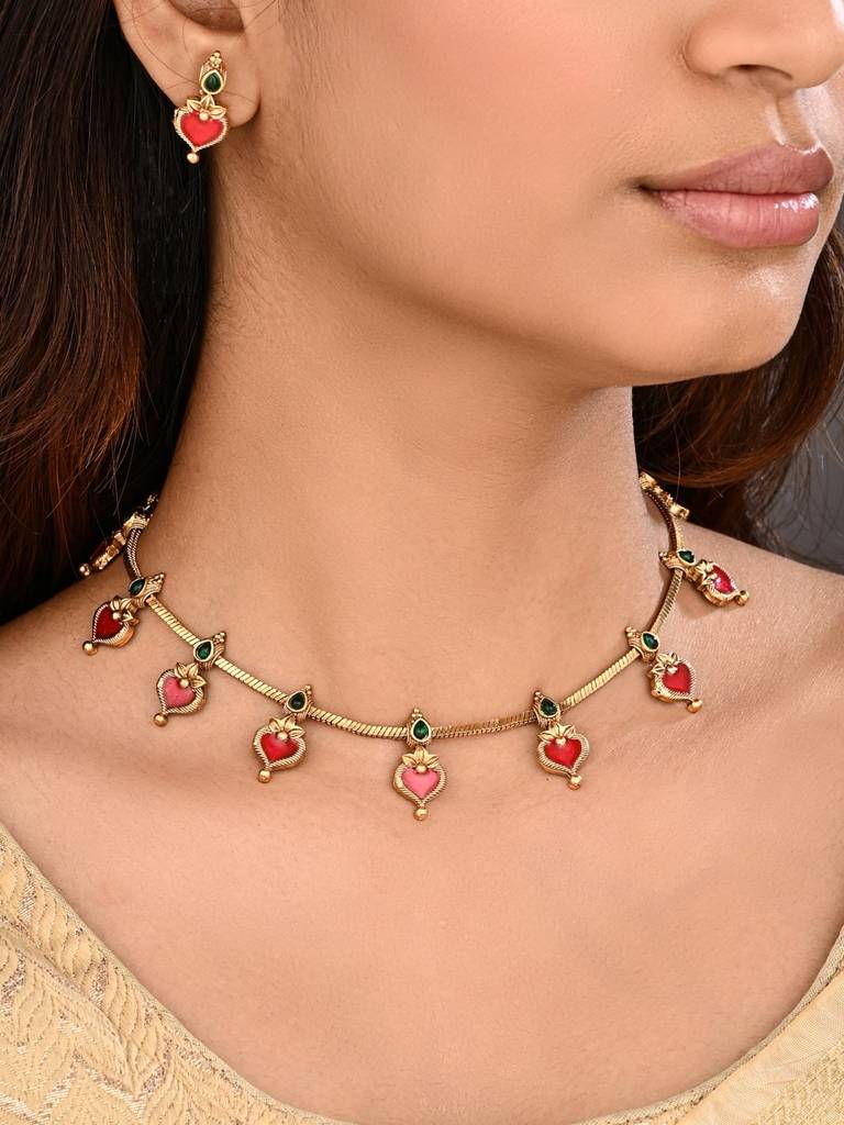 Red Meenakari Floral Alloy Necklace Set : S24FANKS545RED
