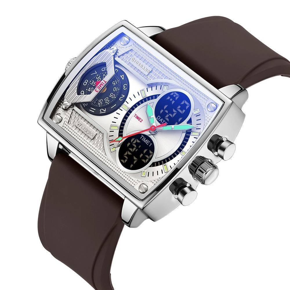 Giordano Square Analog-Digital Watch For Men – Triple Time Zone Displa, Silicone Strap : GZ-50161-02