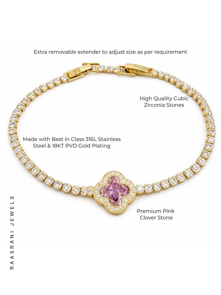 Pink Clover Gold Bracelet | 18K Gold Plated Cz Tennis Bracelet : S925B741PGCSB