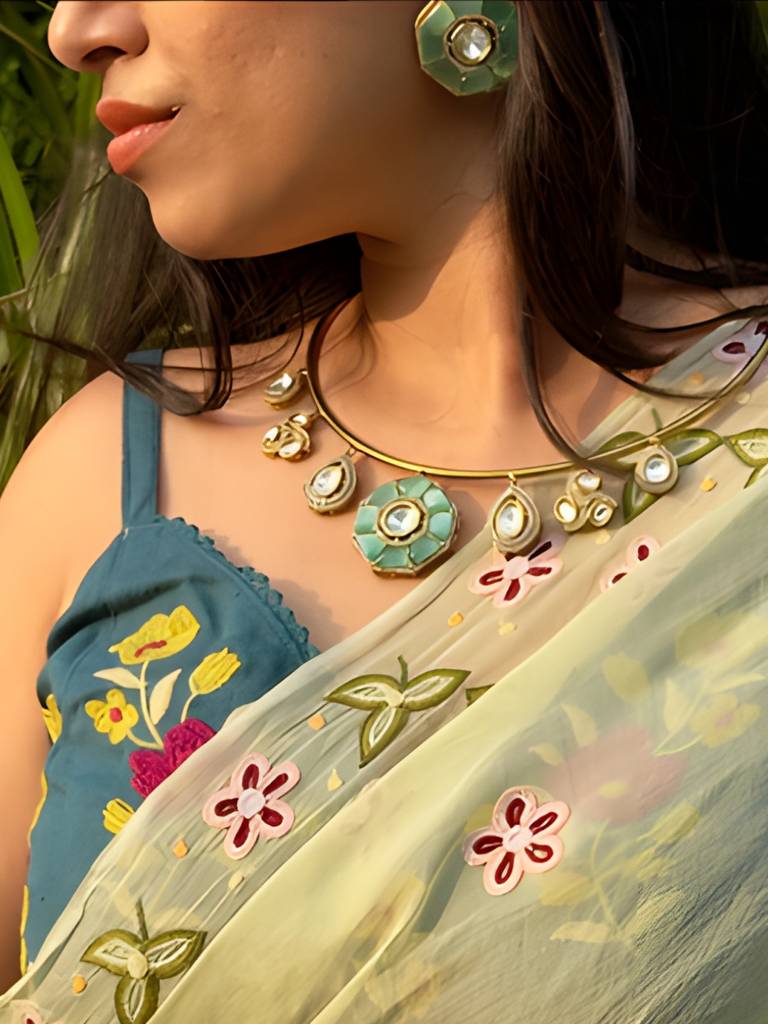 Aqua Moissanite Hansuli Necklace & Earrings Set | Gold Plated Jewelry : SET418AMS