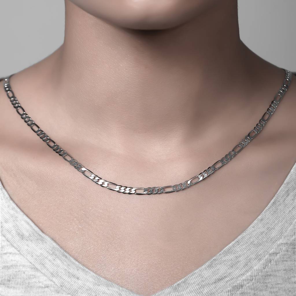925 Sterling Silver Diamond-Cut Figaro Chain For Men, 20 Inch Rhodium Plated Silver Chain : BRDCCMC