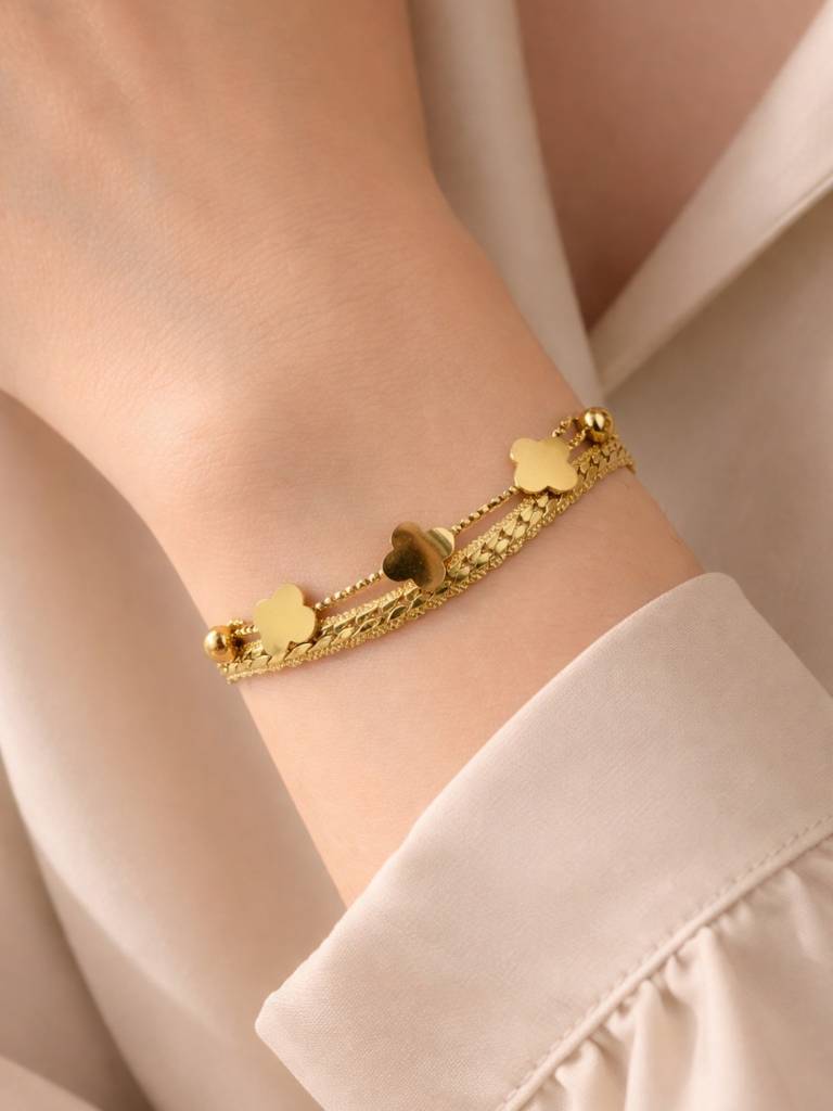 Clover Double Layer Cuban Chain Bracelet – 18K Gold Plated : ATCB750CDCCB