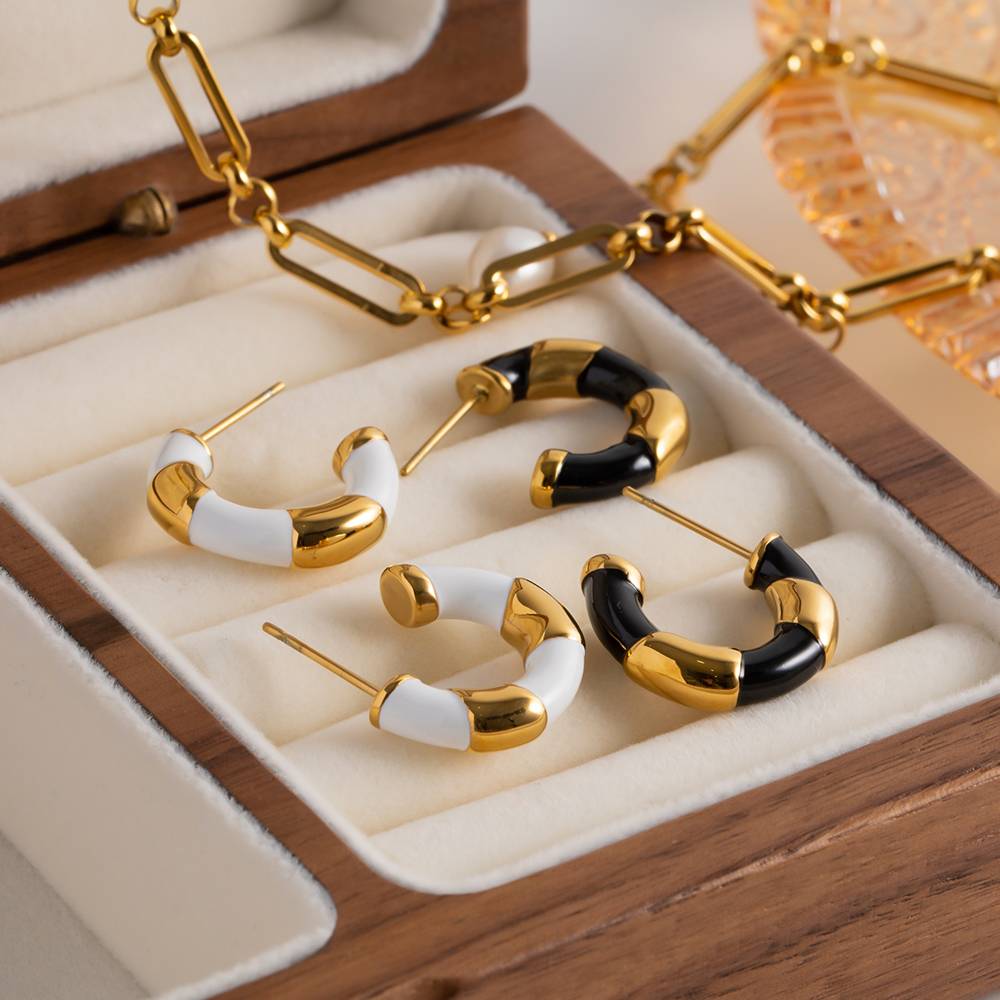 Gold Lined Black Enamel Hoops : GoldLinedBlackEnamelHoops-JD-ER-HG-22