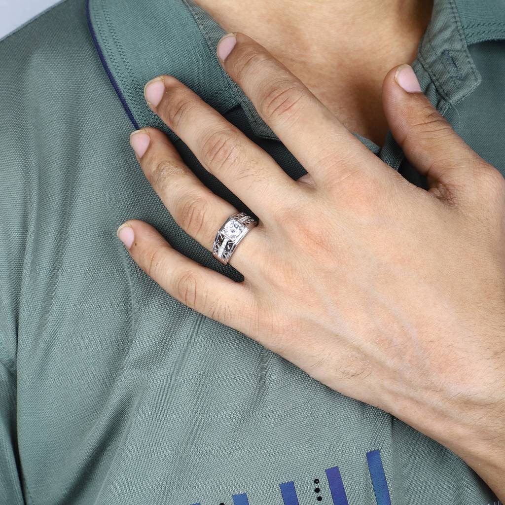 Men'S Luxury Silver Ring With Geometric Detailing & Brilliant Center Stone : RN-SL-10448-1-M