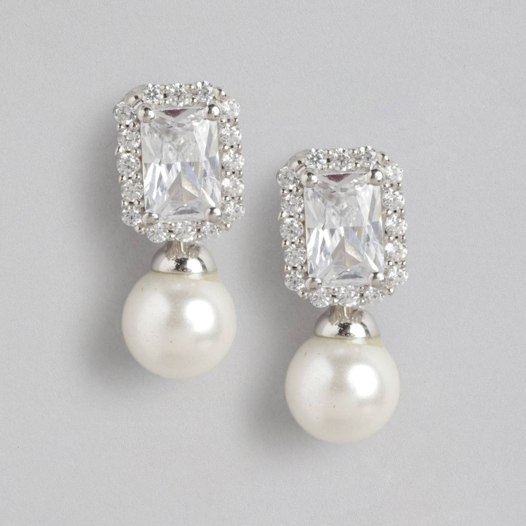 Pearlescent Radiance Rhodium-Plated Cz & Freshwater Pearl Drop Earrings : EAR-20454-R