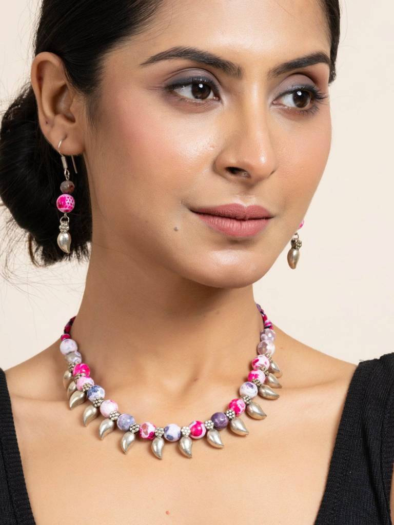 Handmade Semi Precious Pink Purple Onyx Necklace With Mango Charm & Matching Earrings Set For Women : LAANP81
