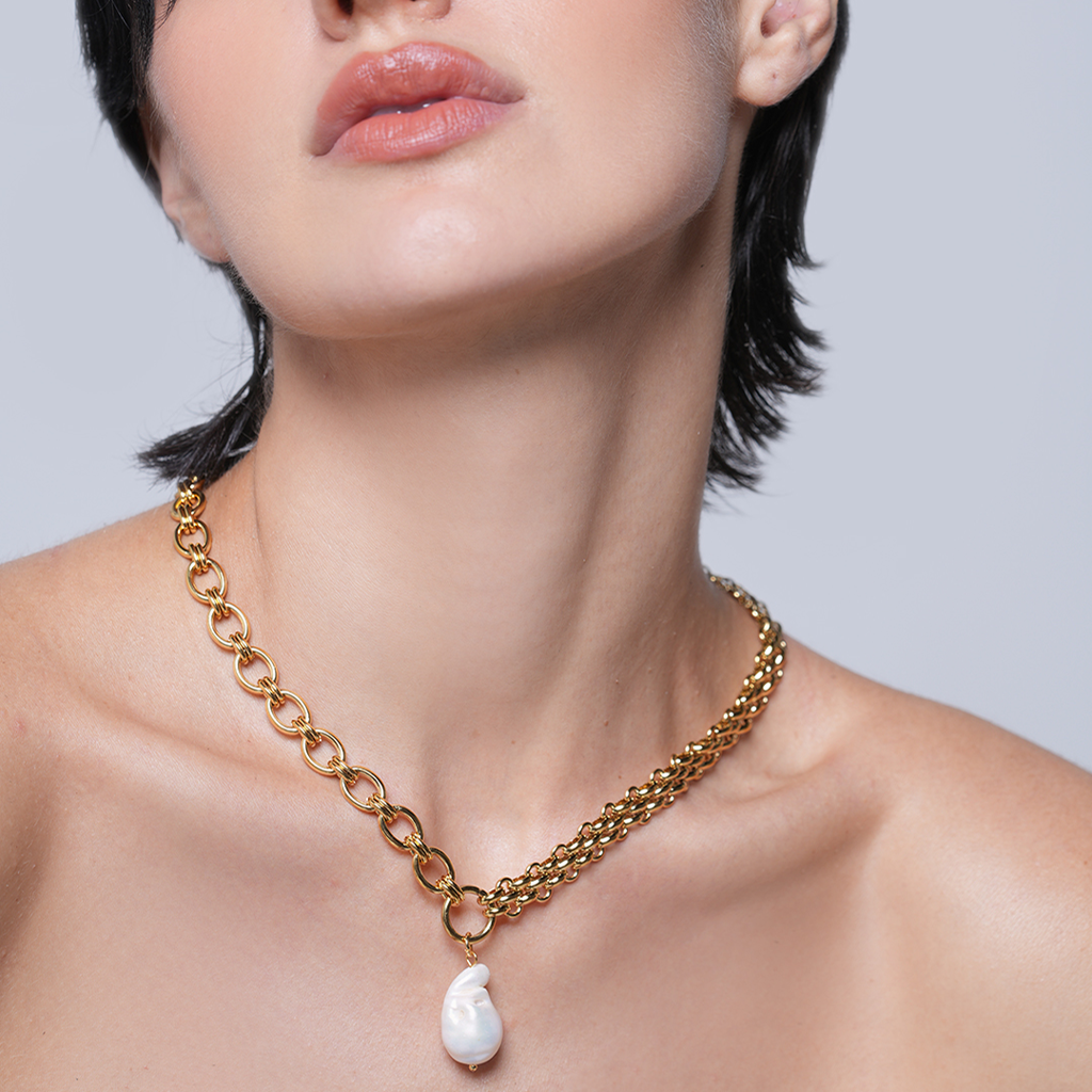 Chunky Chain Pearl Pendant Necklace : CAO0086JND