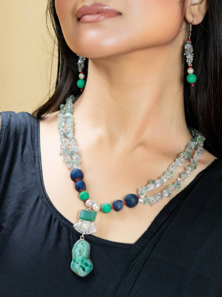 Handmade Blue Green Semi Precious Drazy Lava Agate Stone Chips Necklace Set : LAANP119