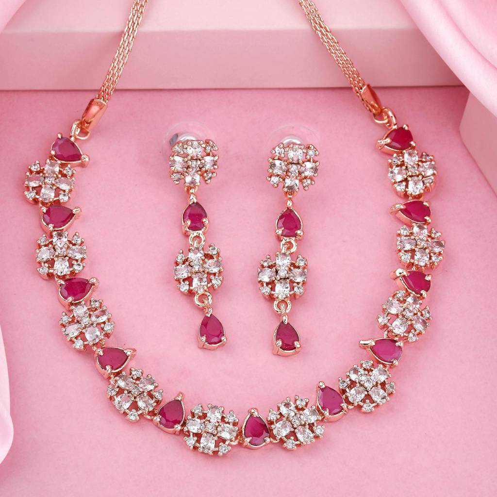 Estele Rose Gold Plated Cz Trendy Designer Necklace Set With Pink Crystals For Women