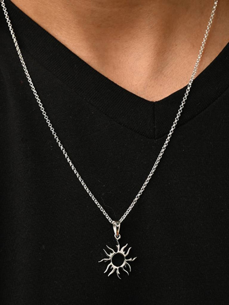 925 Silver Platinum Plated Sun Men Pendant Necklace With Chain Gift For Men & Boys : CSMNP5