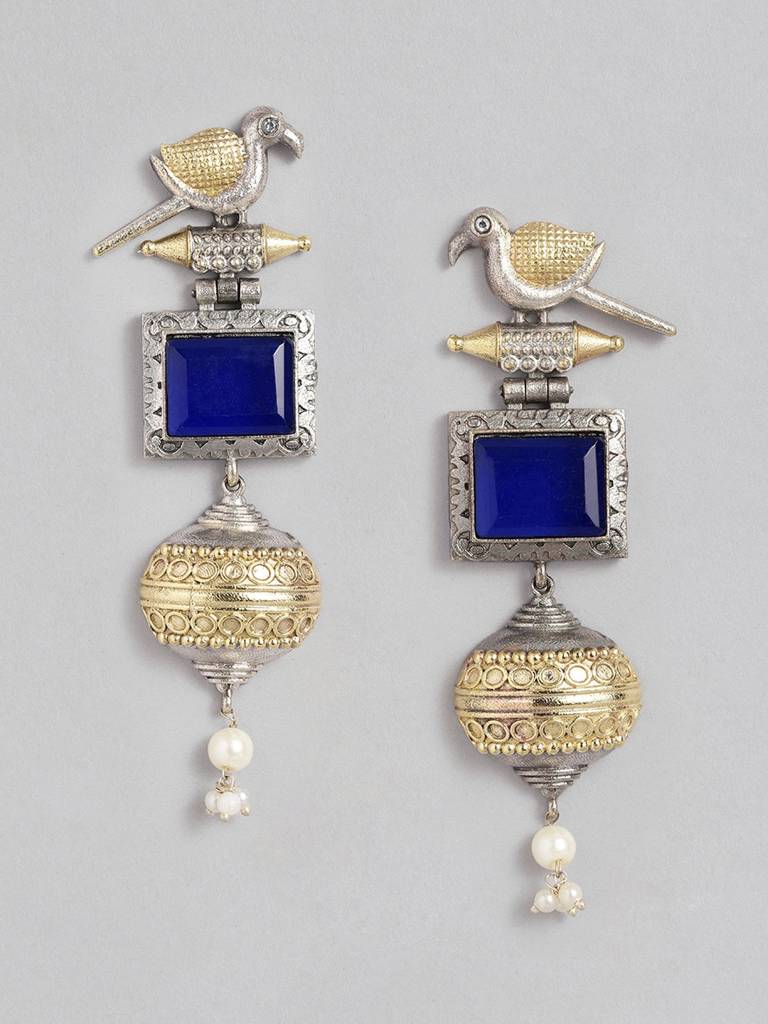 Silver & Gold Dual-Plated Oxidised Long Blue Stone Contemporary Bird Jhumkas : VI24EROX100020