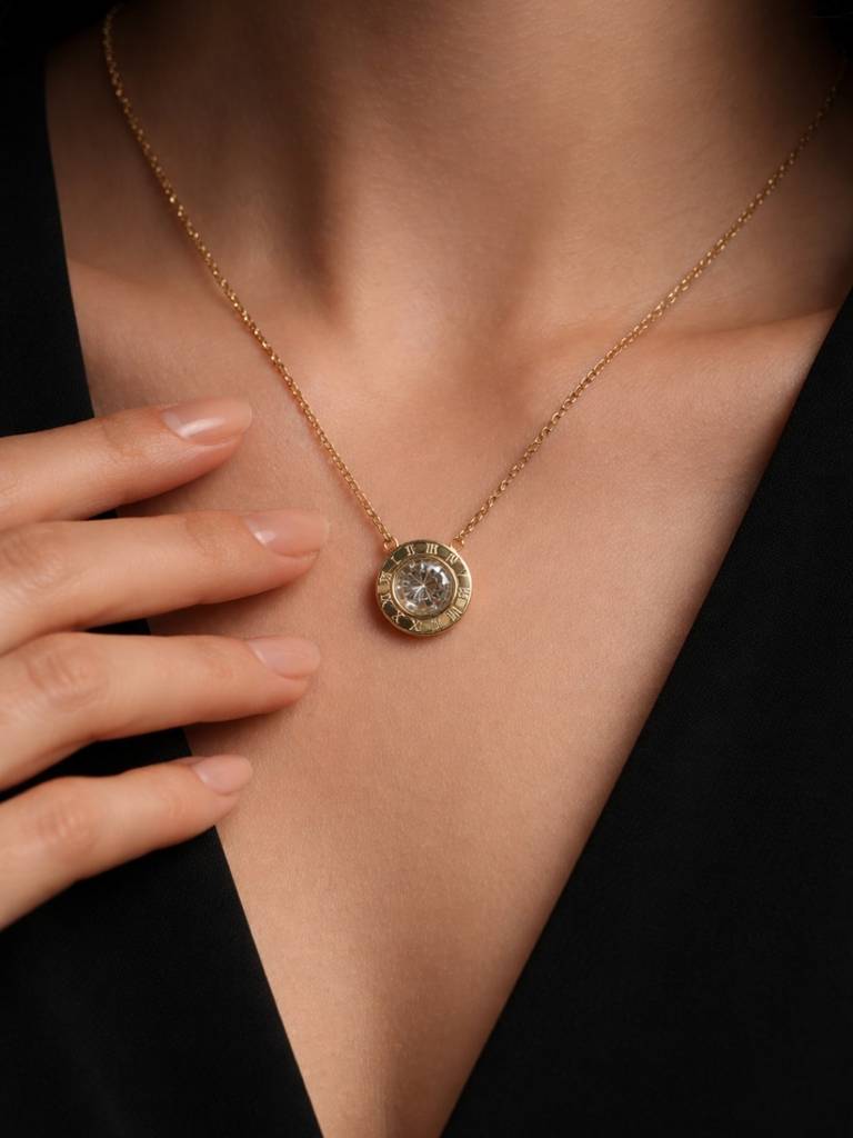 Roman Studded Gold Chain Necklace | 18K Gold Plated Ad Pendant : ATC740RSC