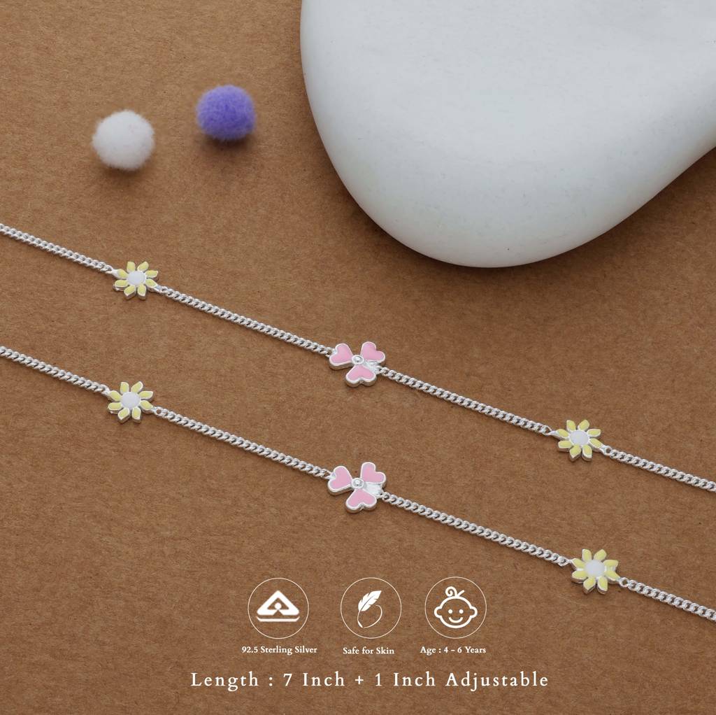 Daisy & Butterfly Charm 925 Silver Kids Anklet (4-6 Yrs) : KA-KC-RH-R-175-P