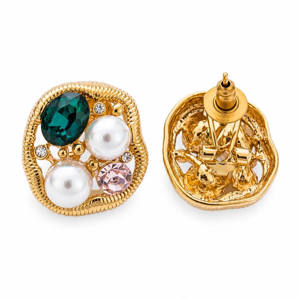 Emerald, Pearl & Pink Crystal Cluster Stud Earrings : RRAPR26AID-37