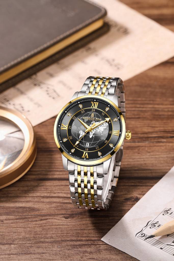 Baker Collection Analog Quartz Watch For Men With Stainless Steel Strap, Luminous Hands And World Map Dial Design : LFM10009-44