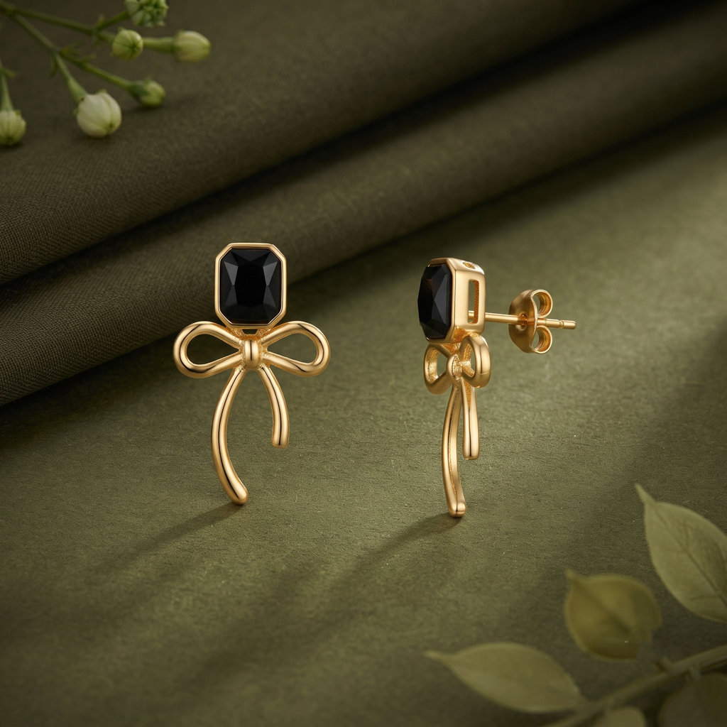 Gold Plated Brass Black Gem Bow Drop Earrings : SCDELER0463