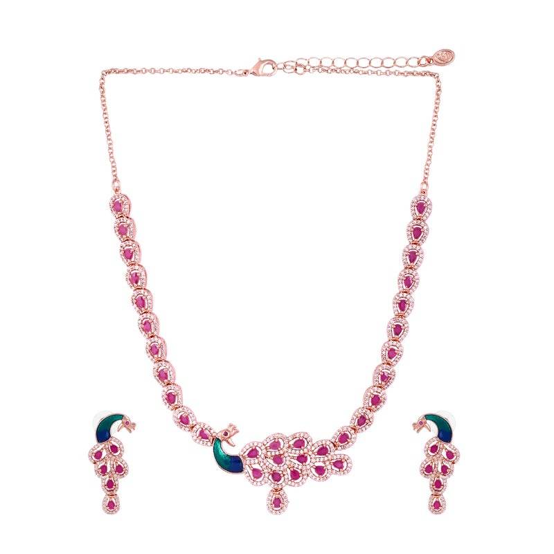 Peacock Accent Cz Sparkle Necklace Set | Rose Gold Plated | Party & Festive Glam : AD-918-RGRBNKER