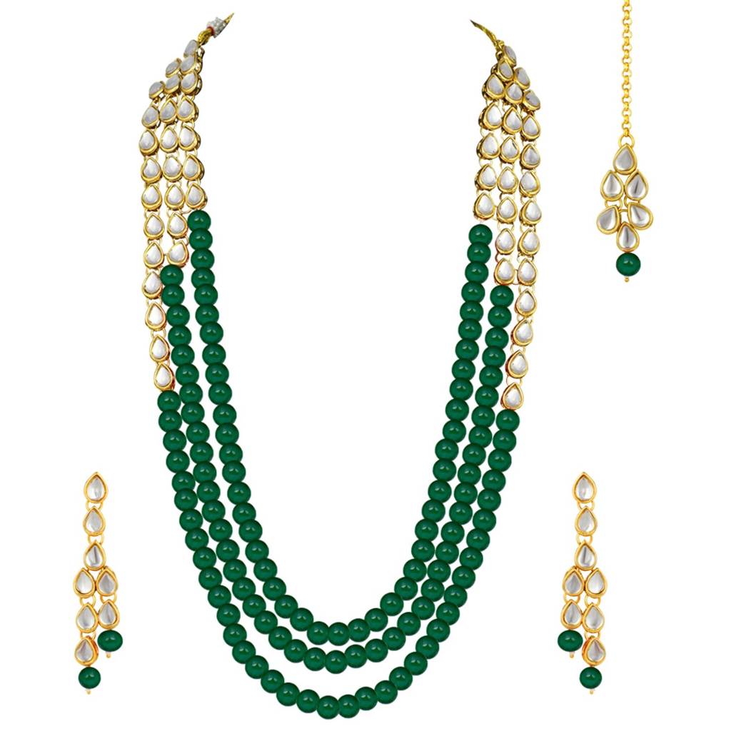 Peora Gold Plated Kundan Pearl Long Necklace Earring Mang Tika Jewellery Set For Women : PF25N093G