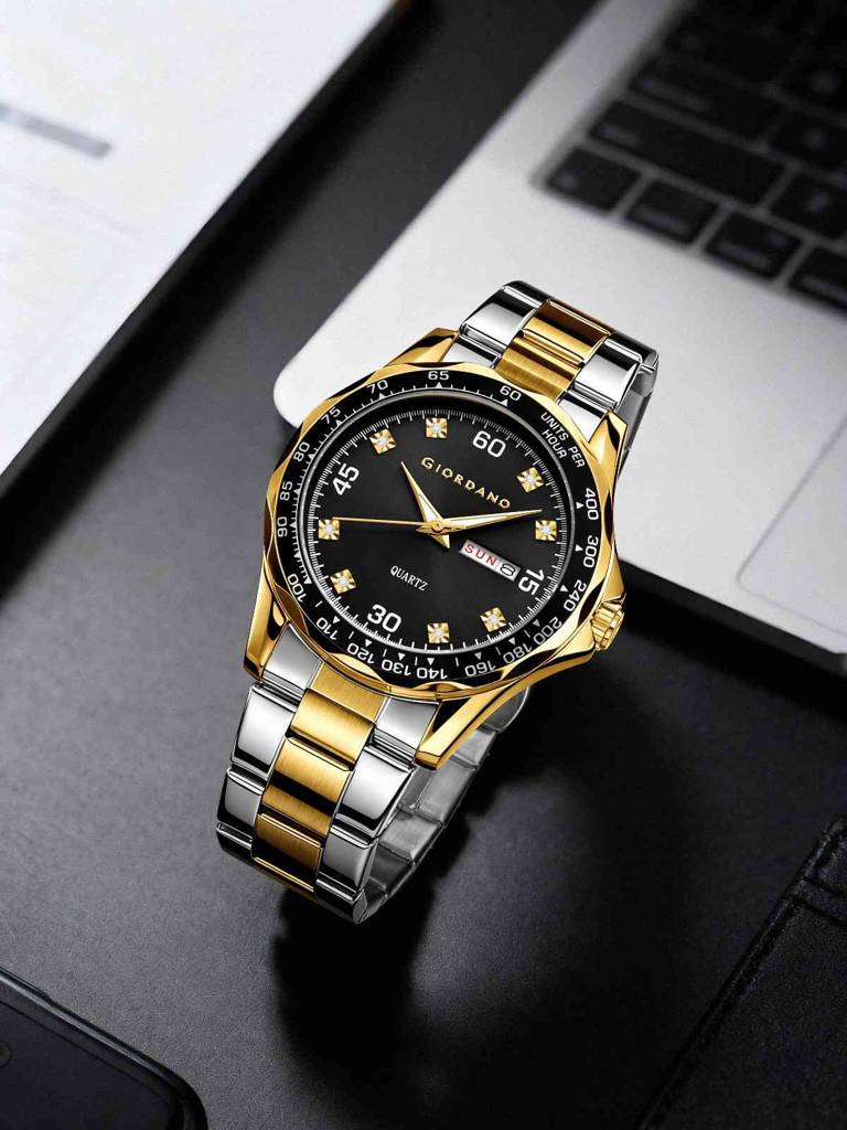 Giordano Two-Tone Analog Watch For Men - Crystal Hour Markers, Textured Bezel Design, Day & Date Display, Stainl : GZ-50177-11