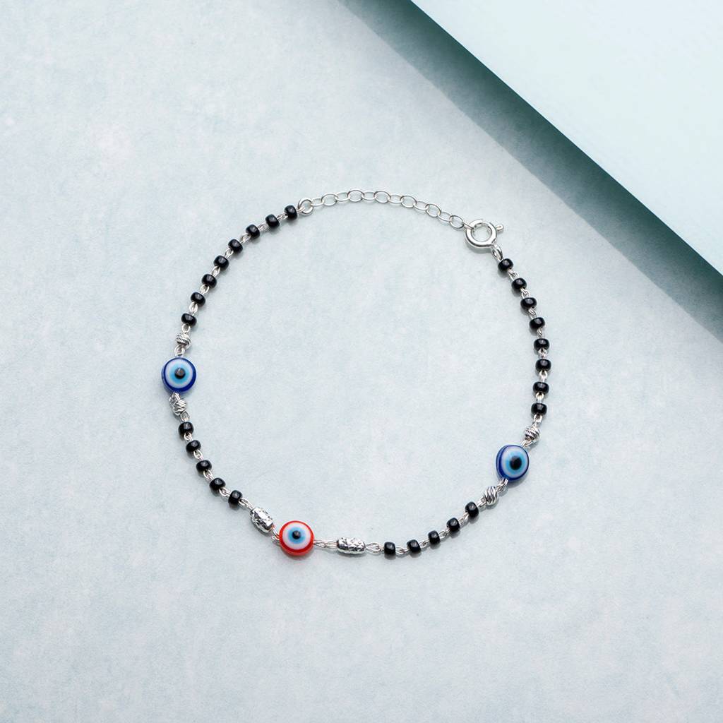 Beaded Evil Eye 925 Sterling Silver Chain Bracelet : BR-80144