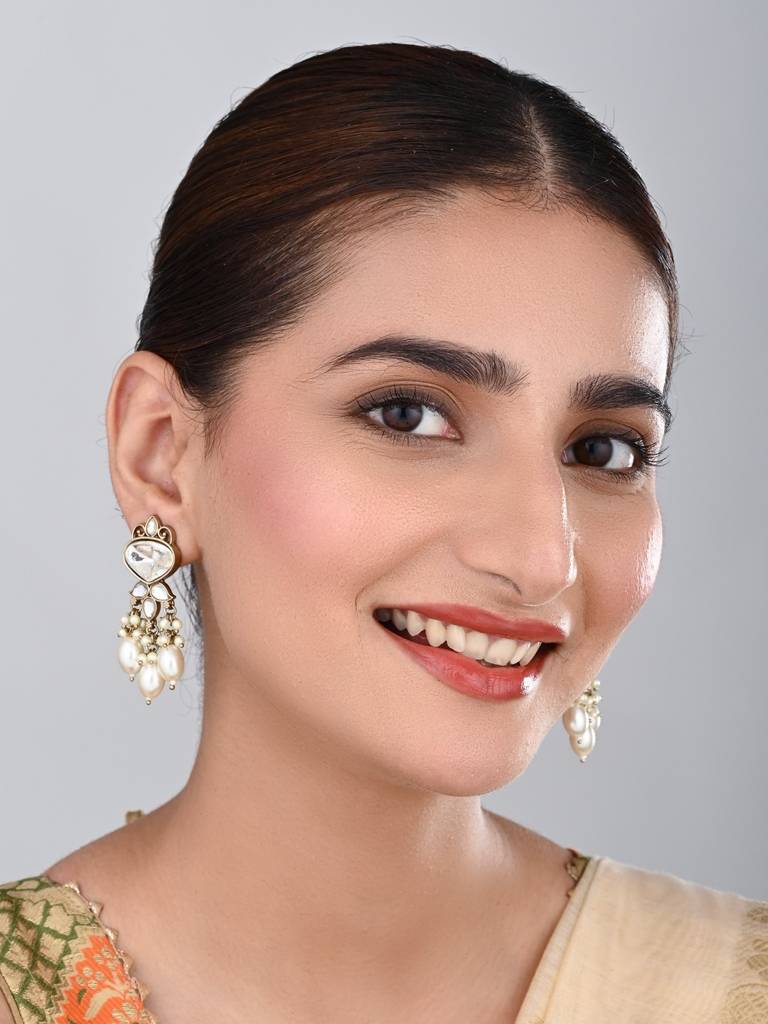 Gold Plated Kundan & Pearl Drop Earrings : S24FAER410WHT