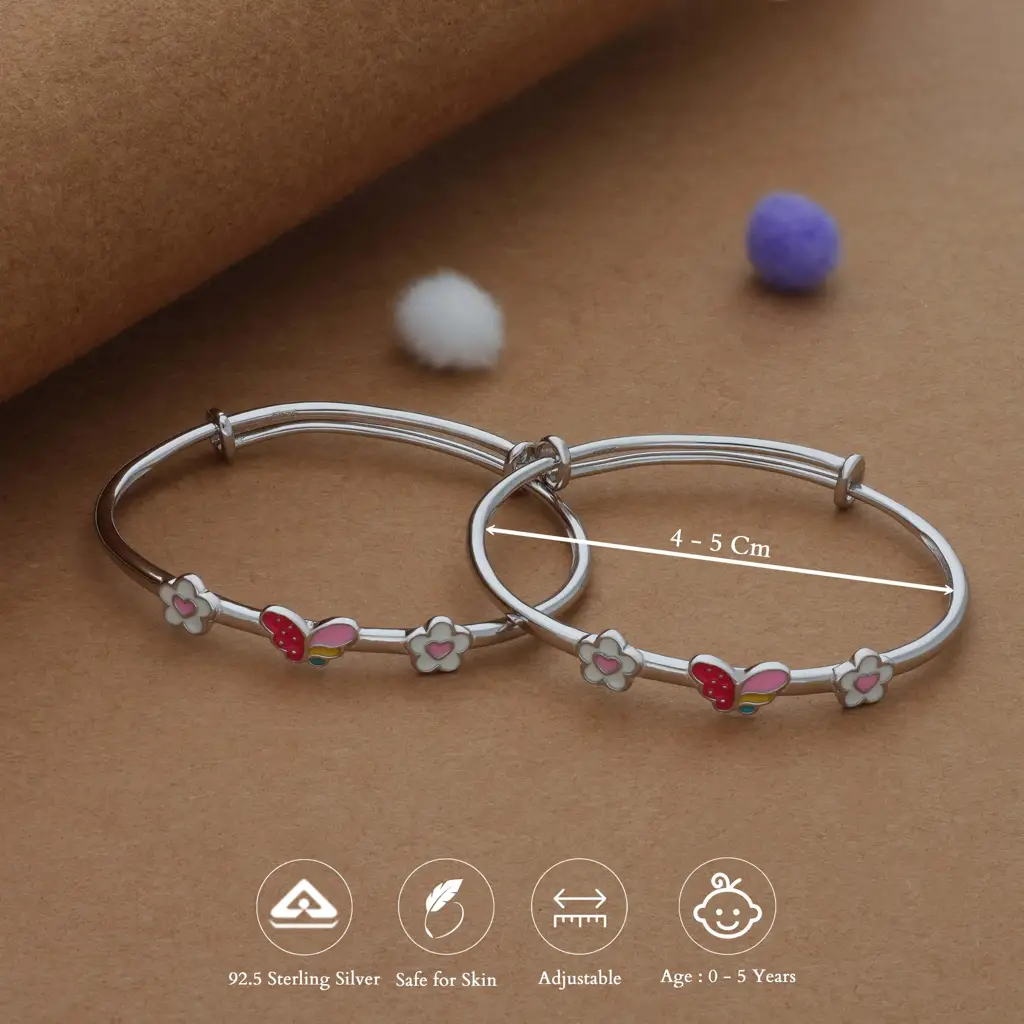 Iyal Butterfly Flower 925 Silver Kids Bangles (0-5 Yrs) : KB-CC-RH-U-267-S