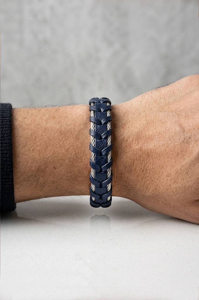 Braided Navy Blue Leather & Steel Cable Stainless Steel Bracelet : MSSLBL3D003