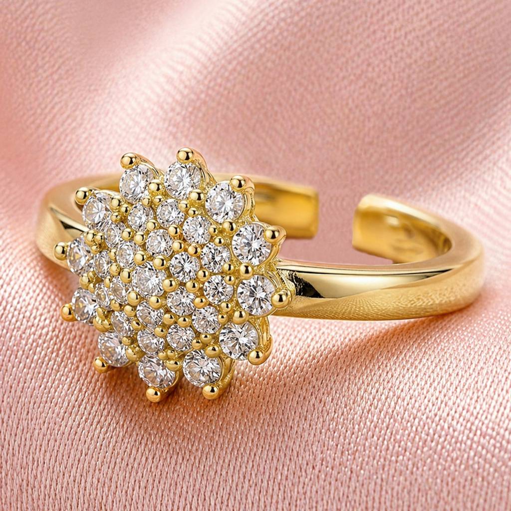 Floral Cluster Gold Crystal Bloom Anti-Tarnish Ring For Women : HSPS60MB1838