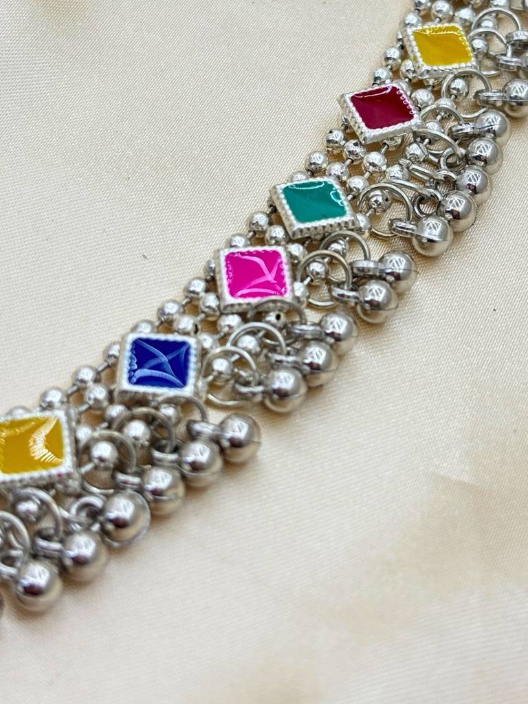 Women Oxidised Silver-Plated Multicolour Stone Studded Kamarbandh Waist Belt : VI26KB10009