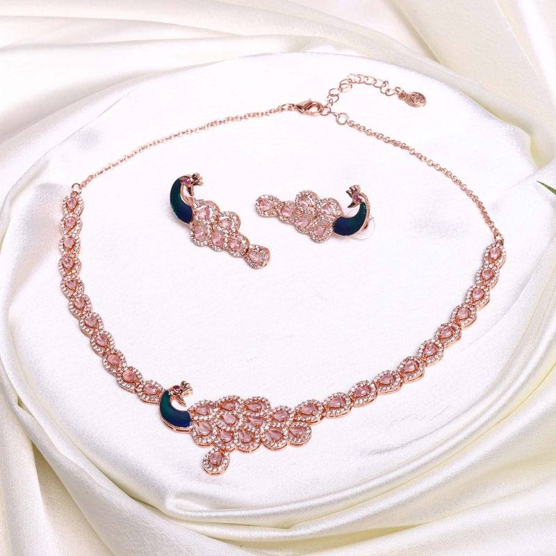 Peacock Accent Cz Sparkle Necklace Set | Rose Gold Plated | Party & Festive Glam : AD-918-RGMPNKER
