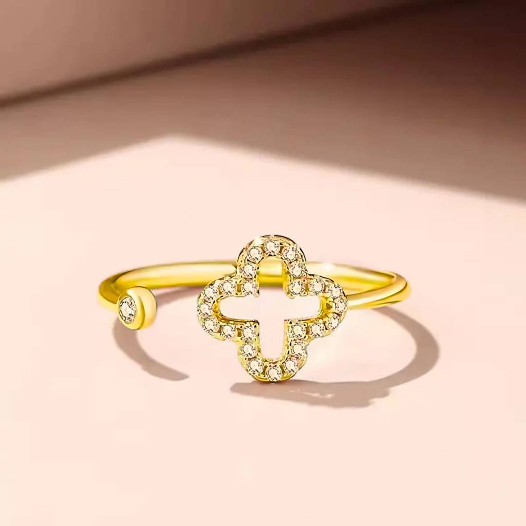 925 Sterling Silver 18K Gold Plated Clover Ring, Flower Adjustable Ring For Women & Girls : BRDGPCRO