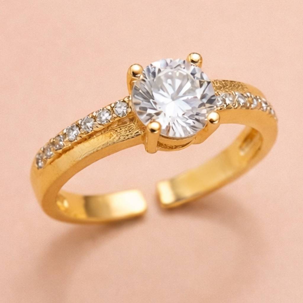 Gold-Plated Round Crystal Solitaire Design Anti-Tarnish Ring : HSPS60MB1410