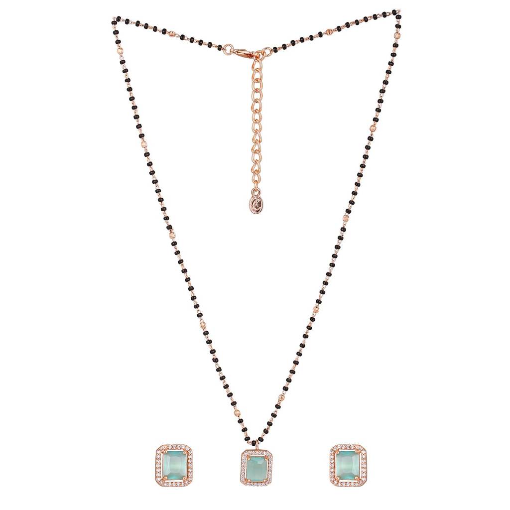Estele Rose Gold Plated Cz Graceful Mangalsutra Necklace Set With Mint Green Stone For Women