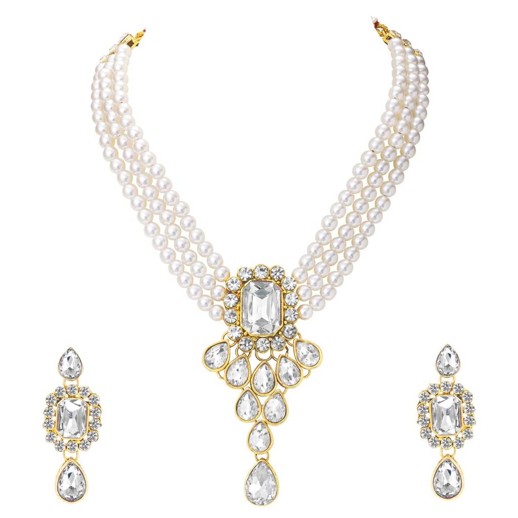Peora Crystal Pearl Necklace Earring Traditional Jewellery Set Gift For Women Girls : PF24N01W