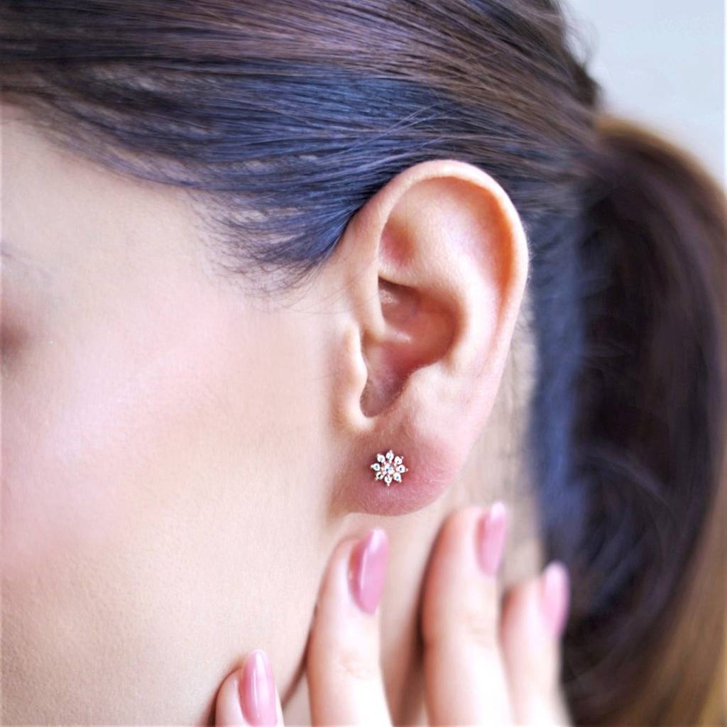 Cz Studded Floral Rose Gold 925 Sterling Silver Stud Earrings : EAR-20171