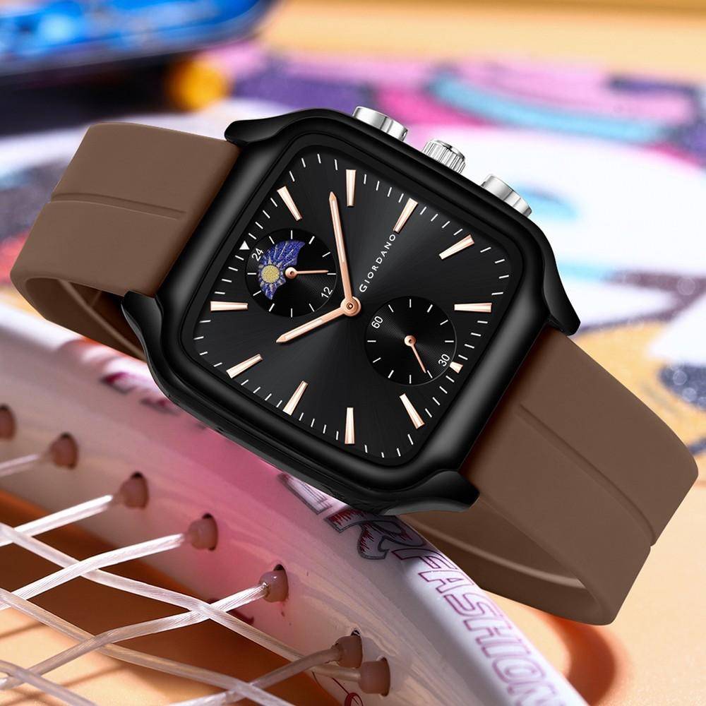 Giordano Premium Square Case Watch For Men | Moon Phase/24-Hour Indicator, Silicone Strap : GZ-50166-02