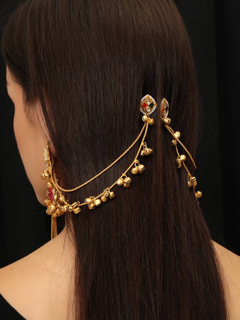 Premium Gold Plated Kundan Stone Studded Kashmiri Ear Chain Drop Earrings : VI25EROX100171