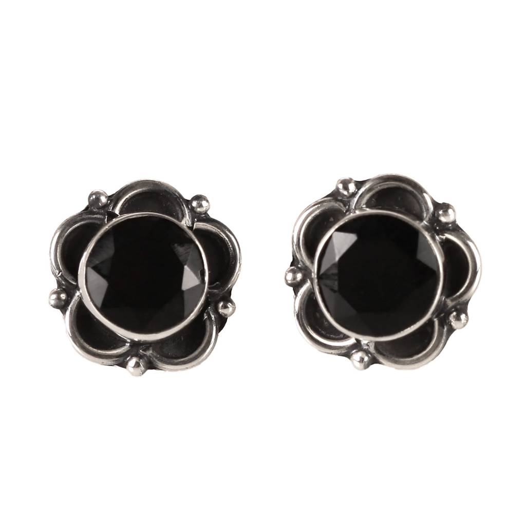 925 Sterling Silver Black Onyx Stud Earrings For Women | Chic Handmade Push Back Eartops | Daily & Party Jewelry : FU-0154-6