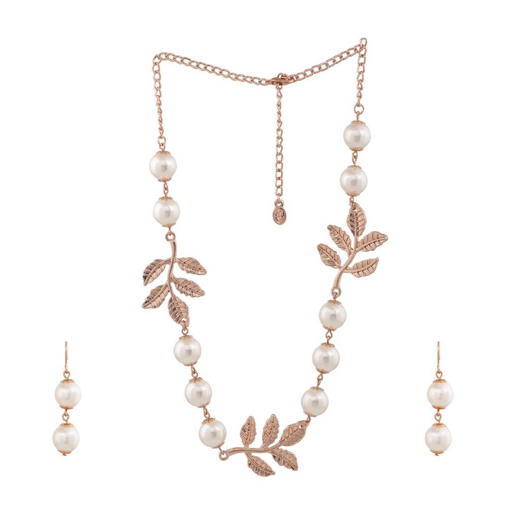 Estele Rose Gold Plated Leaf Designer Necklace Set With Pearls For Women
