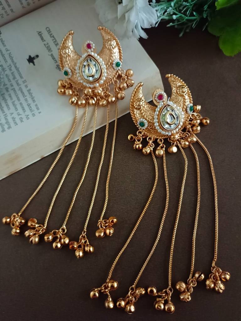 Gold Plated Pachi Kundan & Ghungaroo Bedded Kashmiri Crescent Shaped Drop Earrings : VS105313