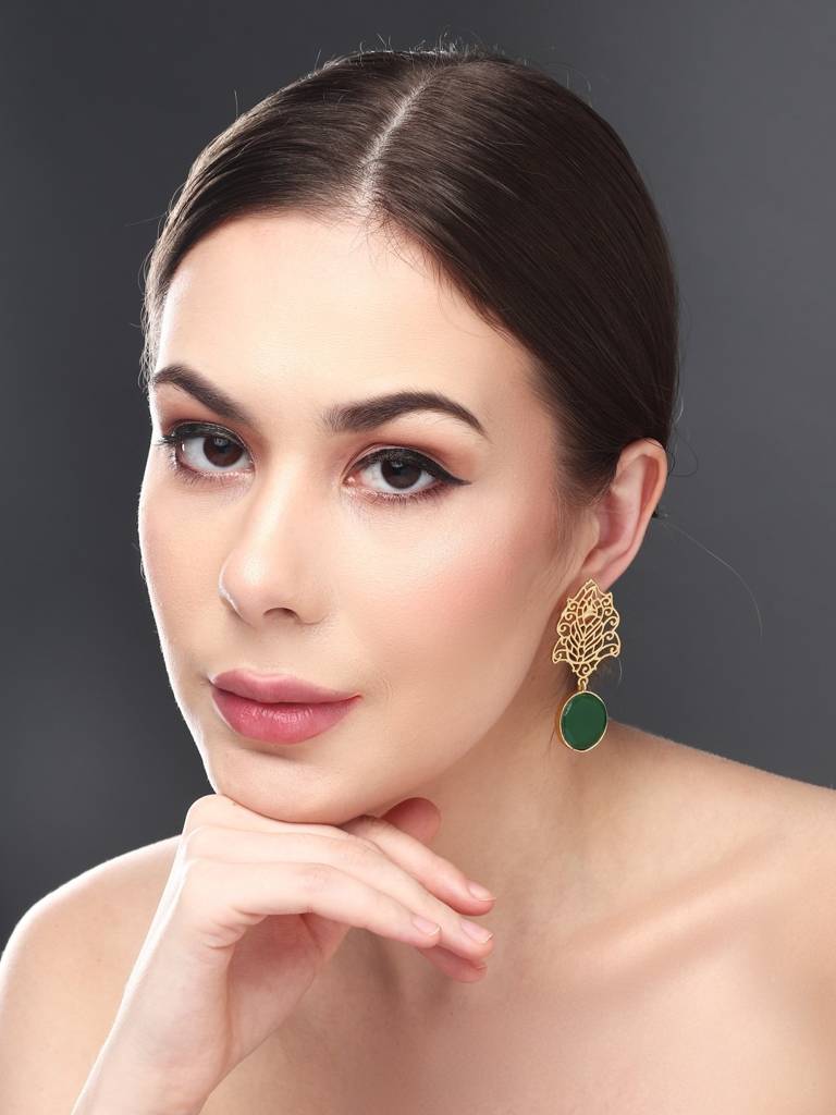 Gold Filigree Stone Drop Earrings : S24JJER210GRN