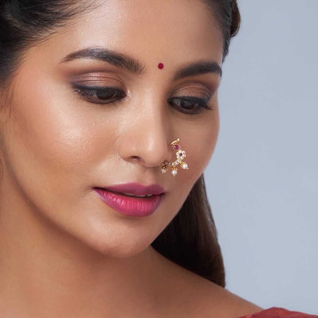 Ruby-Green Gold Plated Temple Nath - 406671 : 406671