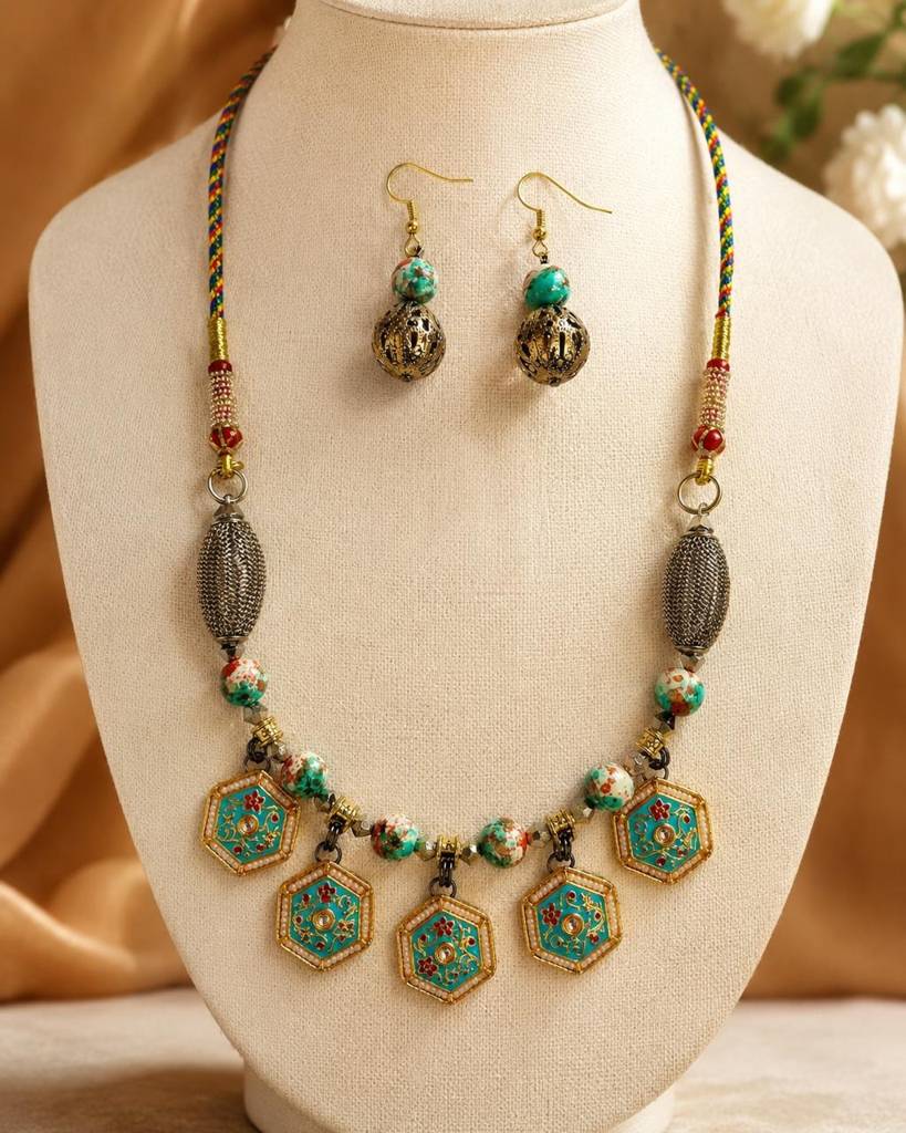 Firoza Turquoise Hexagon Banjara Tribal Necklace Set For Women : HM78