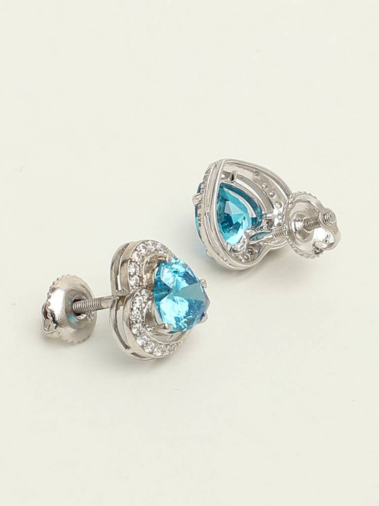 92.5 Sterling Silver Rhodium Plated Swiss Zirconia Sky Blue Heart Stud Earrings With Screw Back Gift For Women  : CSCLRE1HT_BT