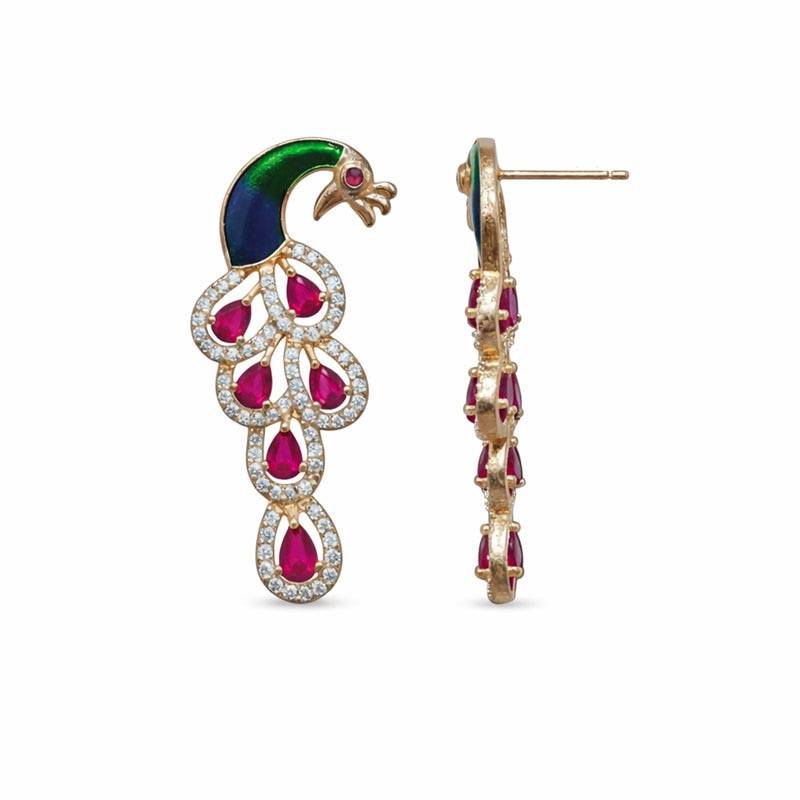 Classic Peacock Elegance Drop Earrings With Stone Embellishment| Occasion Wear : AD-918RGRBEER