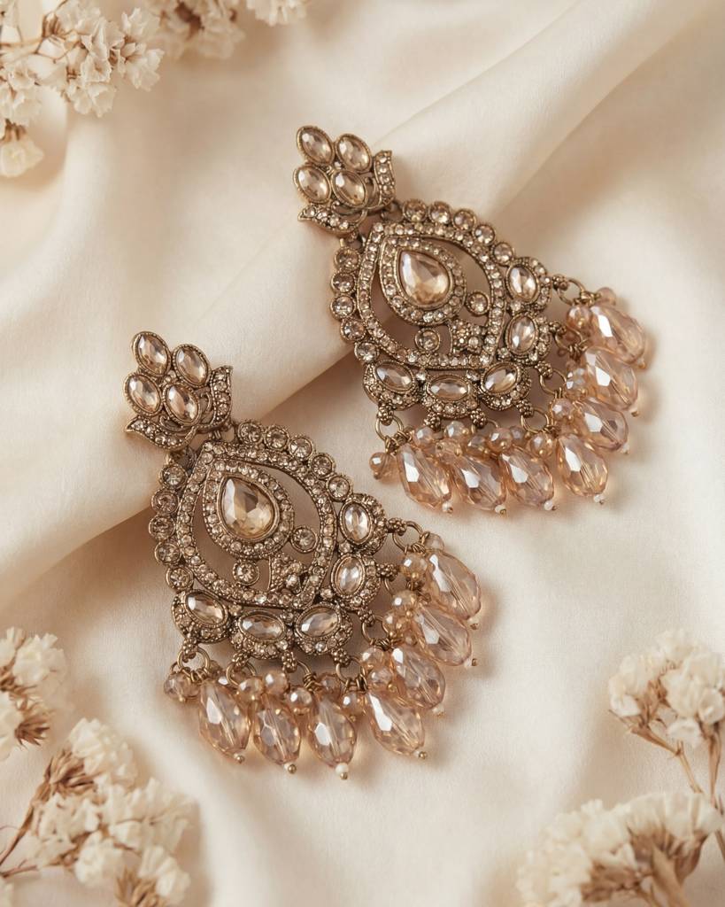 Gold Plated Antique Gold Champagne Stone - Long Earrings For Women : ORP202SF