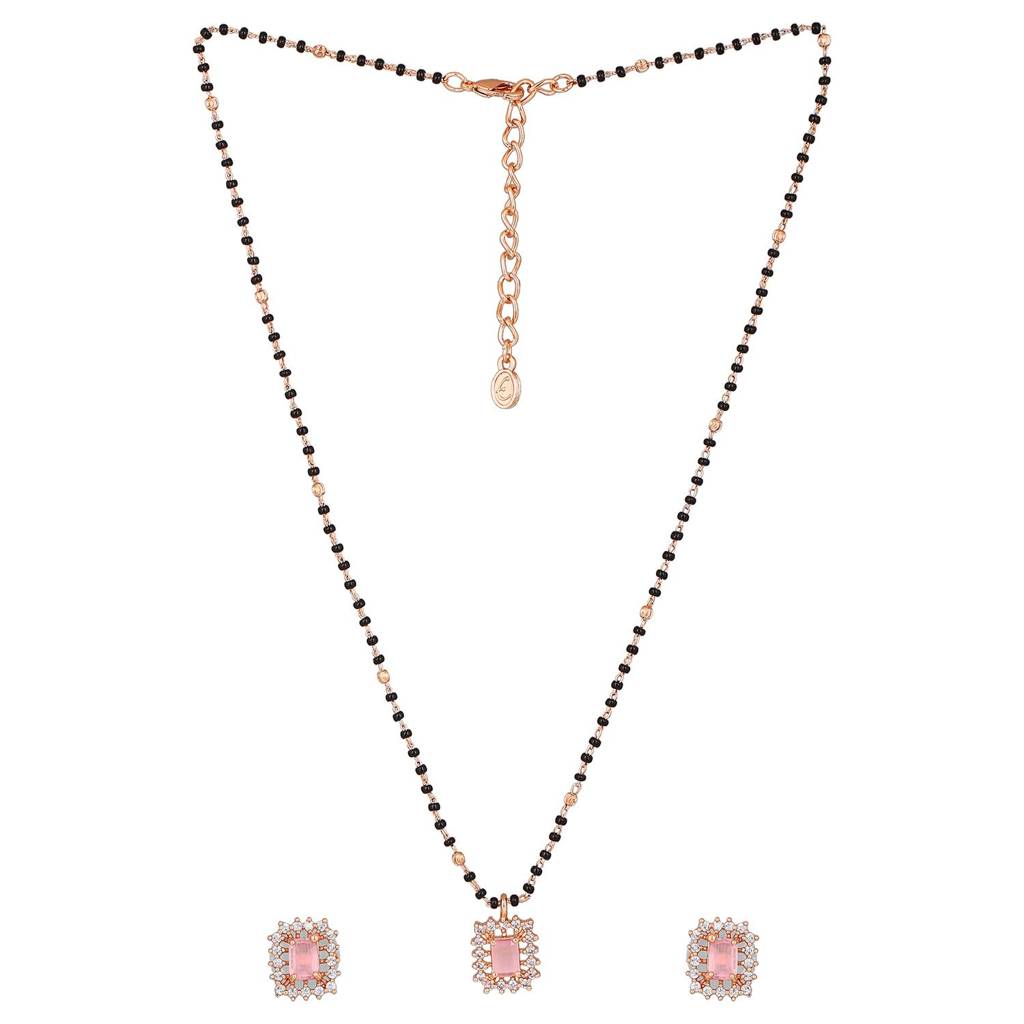 Estele Rose Gold Plated Cz Mangalsutra Necklace Set With Mint Pink Stones For Women