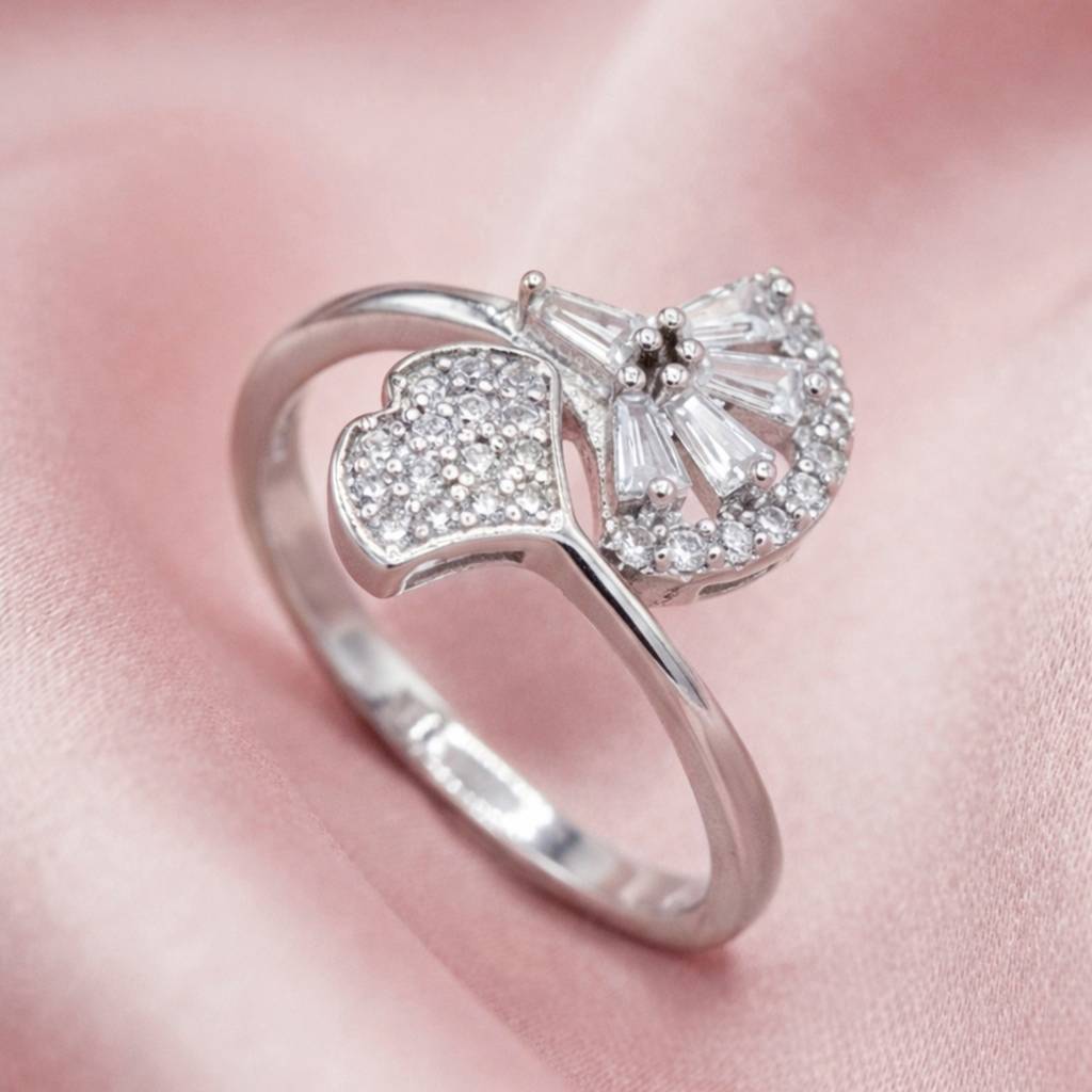 Sliver- Tone Twins Leaf Anti-Tarnish Ring : HSPS60MB0963